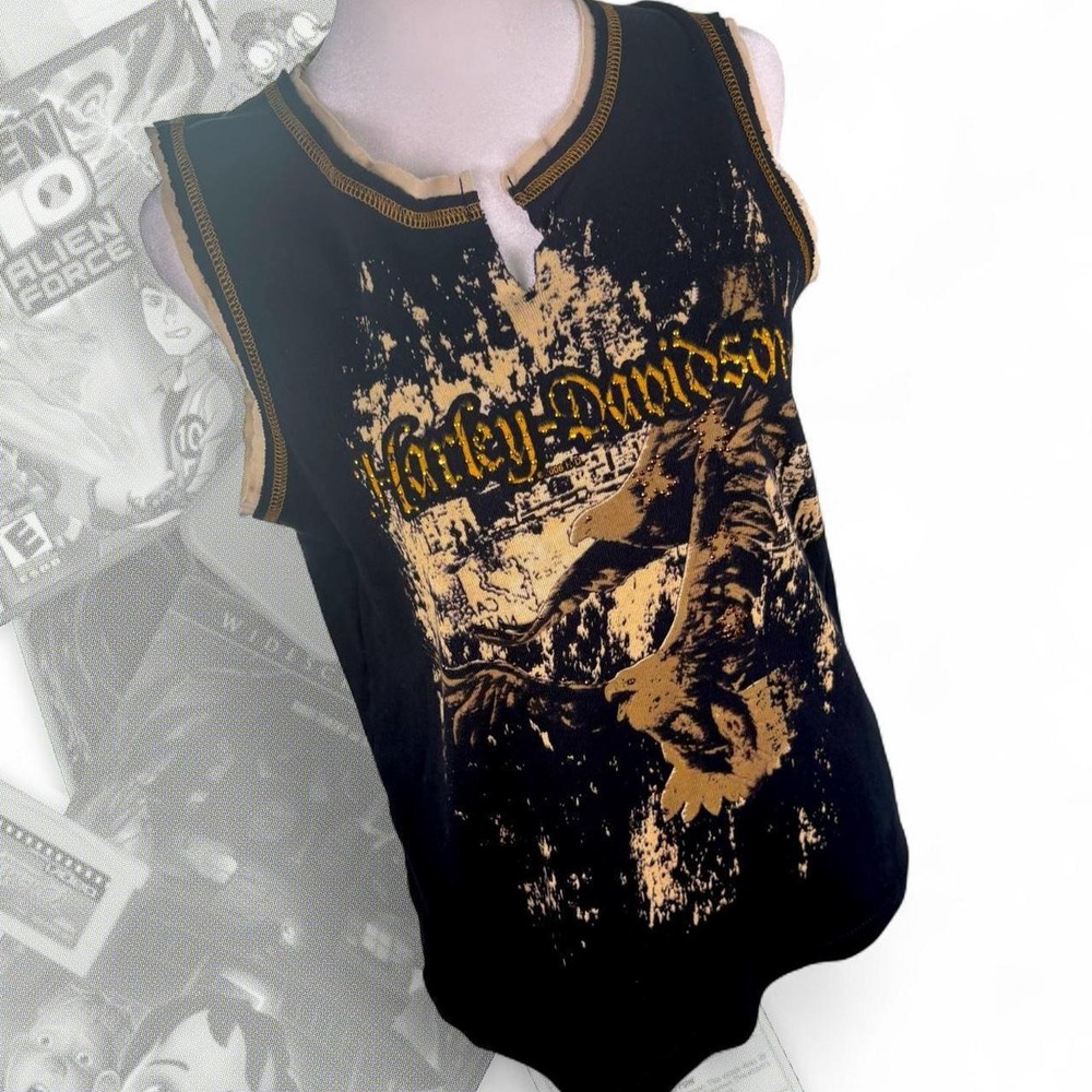 Harley Davidson Vintage Y2K Rhinestone Eagle Graphic Tank Top Black Gold XL